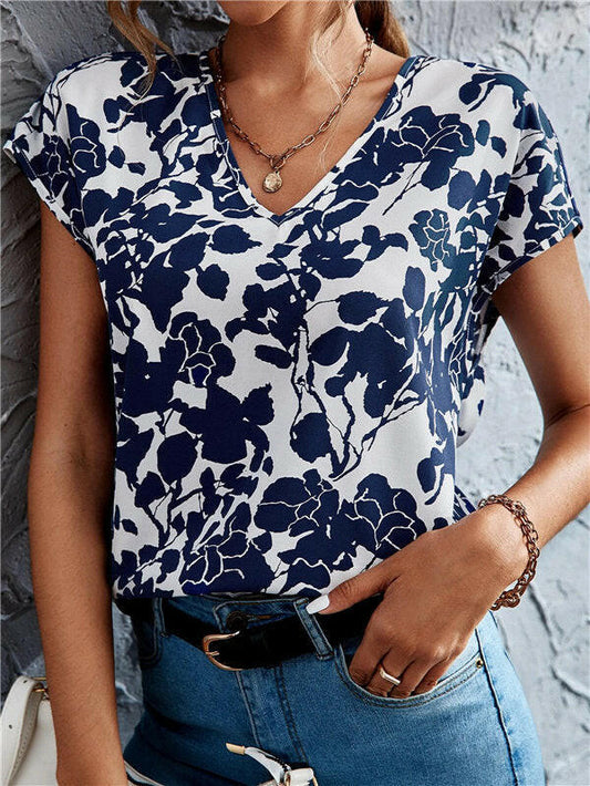 Fashion V-neck Short Sleeve Printed Top