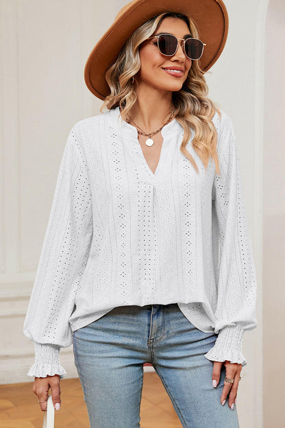 Eyelet Notched Long Sleeve T-Shirt