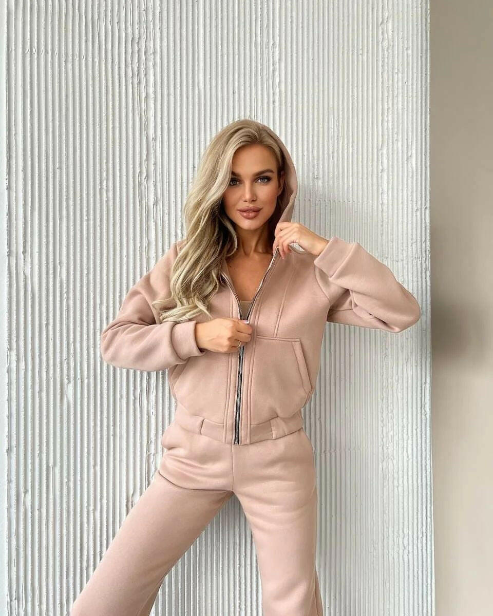 Fleece-lined Hooded Zipper Long-sleeve Sweater Set