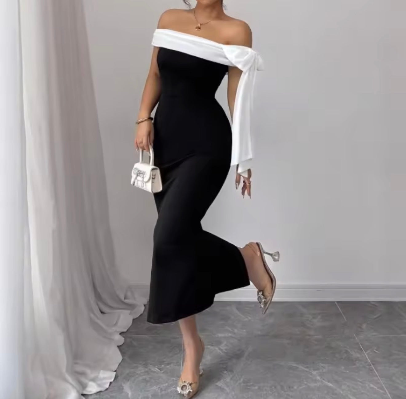 Women’s Off-Shoulder Ribbon Dress – Slim Fit Style