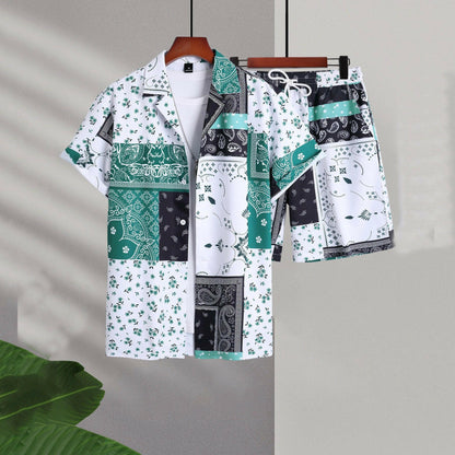 Men's Casual Cardigan and Shorts Set with Cashew Flower Design