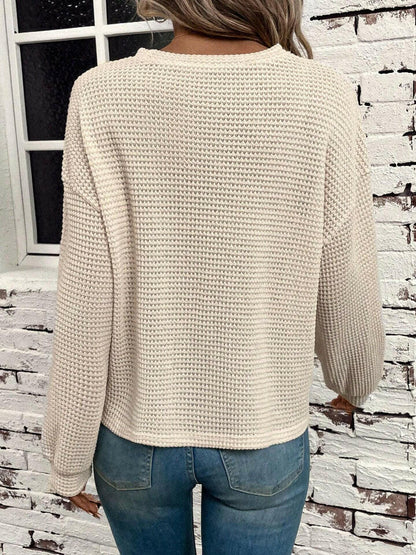 Waffle-Knit Round Neck Long Sleeve T-Shirt