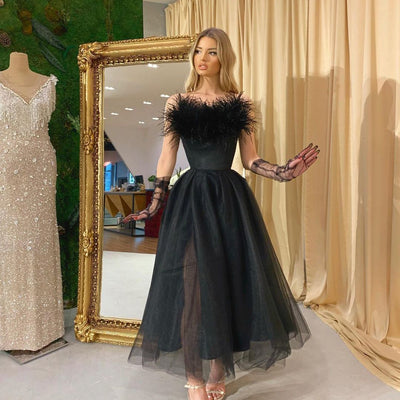 Feather Straps Tulle Evening Dress