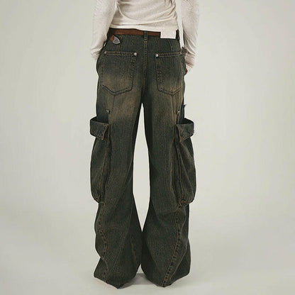 Retro Distressed Workwear Denim Women's High Waist Loose Wide Leg Trousers