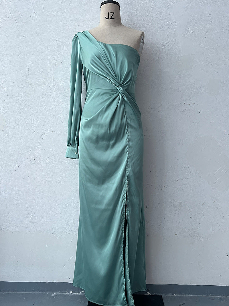 One-Shoulder Split Long Dress – Elegant Socialite Style