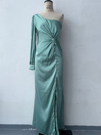 One-Shoulder Split Long Dress – Elegant Socialite Style