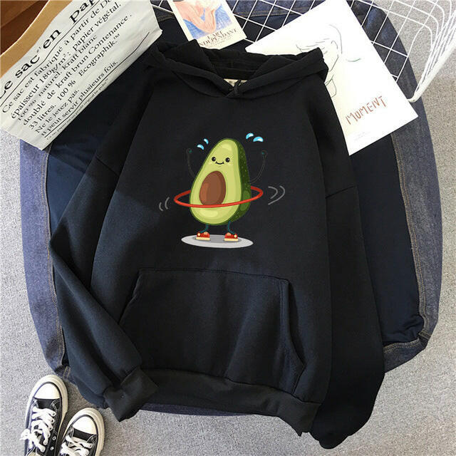 Hoodies Sporty Cartoon Avocado Print Warm New Sweatshirt Wom