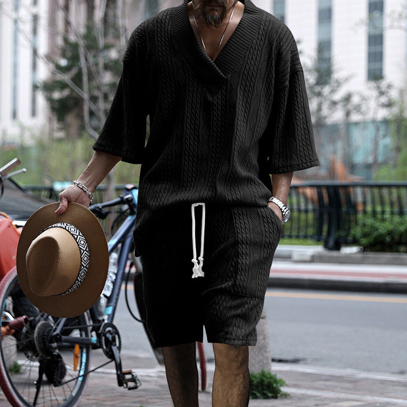 Men's Casual Loose Jacquard Knitwear Shorts Suit