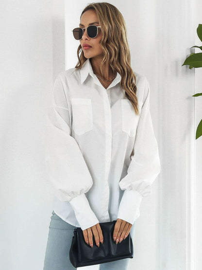 Button Up Dropped Shoulder Lantern Sleeve Shirt