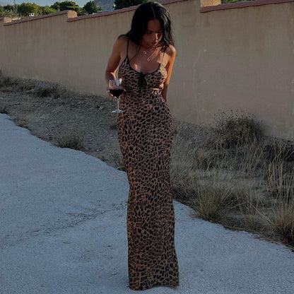 Women's Sling Fashion Tie Backless Leopard Print Dress