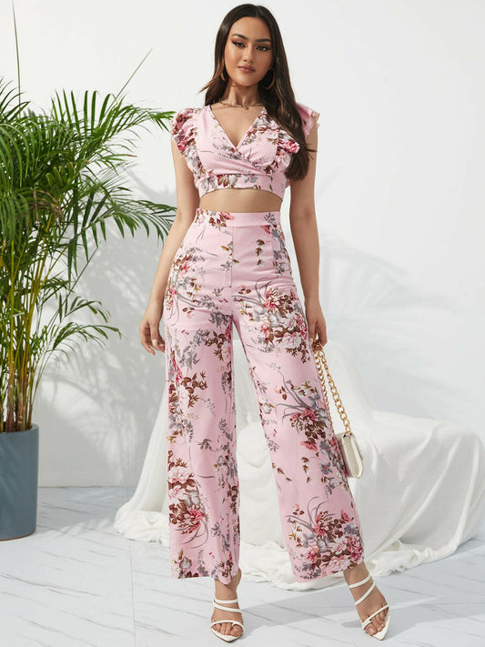 Printed Surplice Cap Sleeve Top and Pants Set