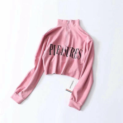 Women's Suede Letter Print Zipper Small High Neck Long Sleeve Sports Top