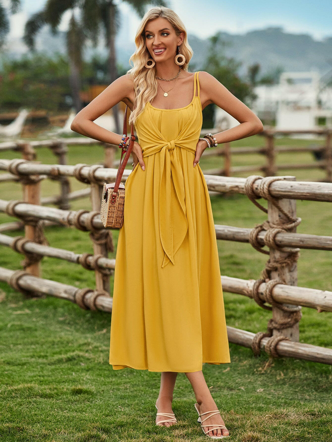 Solid Color Suspender Long Dress: Bow Waist Tie Design