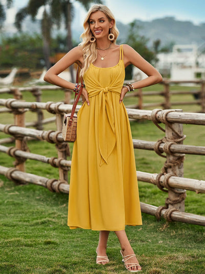 Solid Color Suspender Long Dress: Bow Waist Tie Design