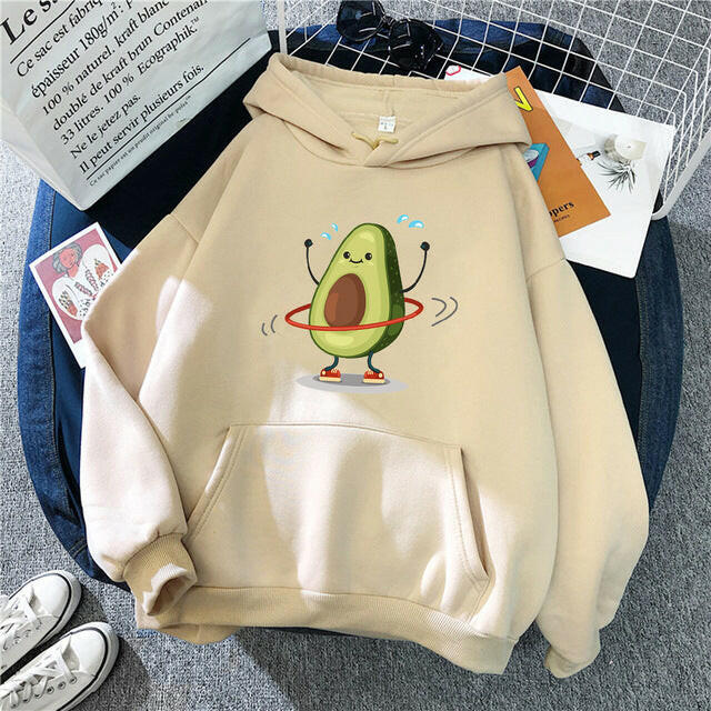 Hoodies Sporty Cartoon Avocado Print Warm New Sweatshirt Wom