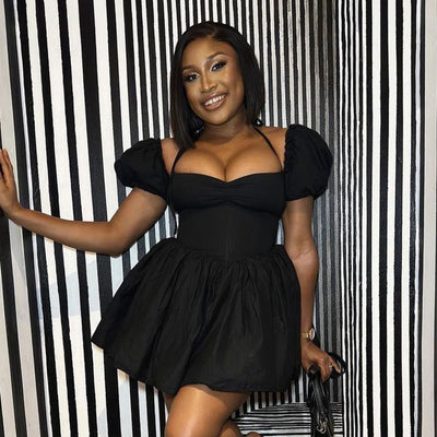 Off-shoulder Halterneck Skirt Puff Sleeve Dress