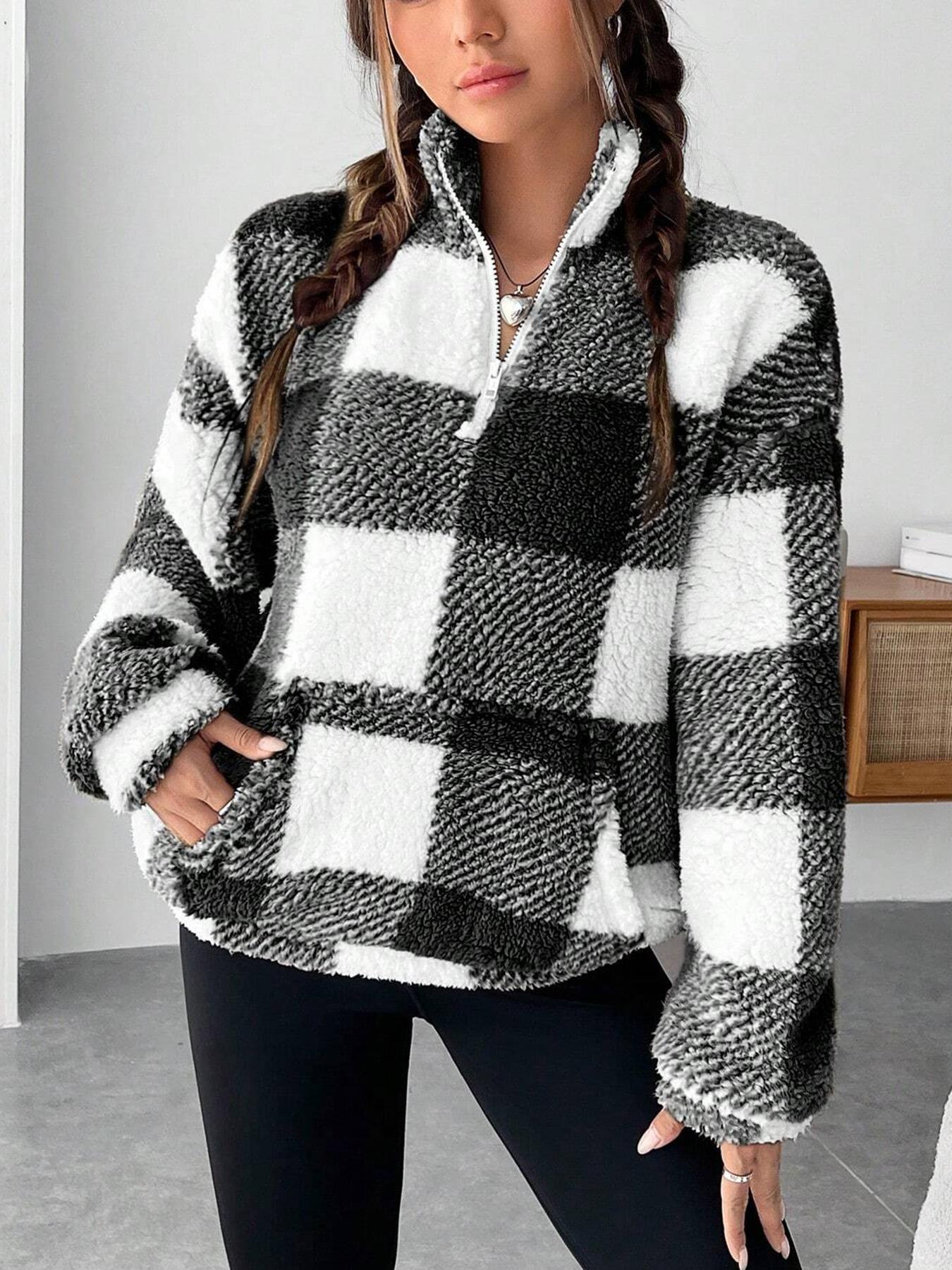 Women's Short Plaid Half-open Collar Plush Sweater