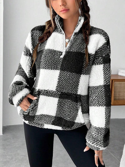 Women's Short Plaid Half-open Collar Plush Sweater