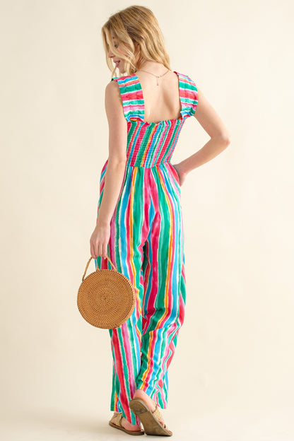 Full Size Striped Smocked Sleeveless Jumpsuit