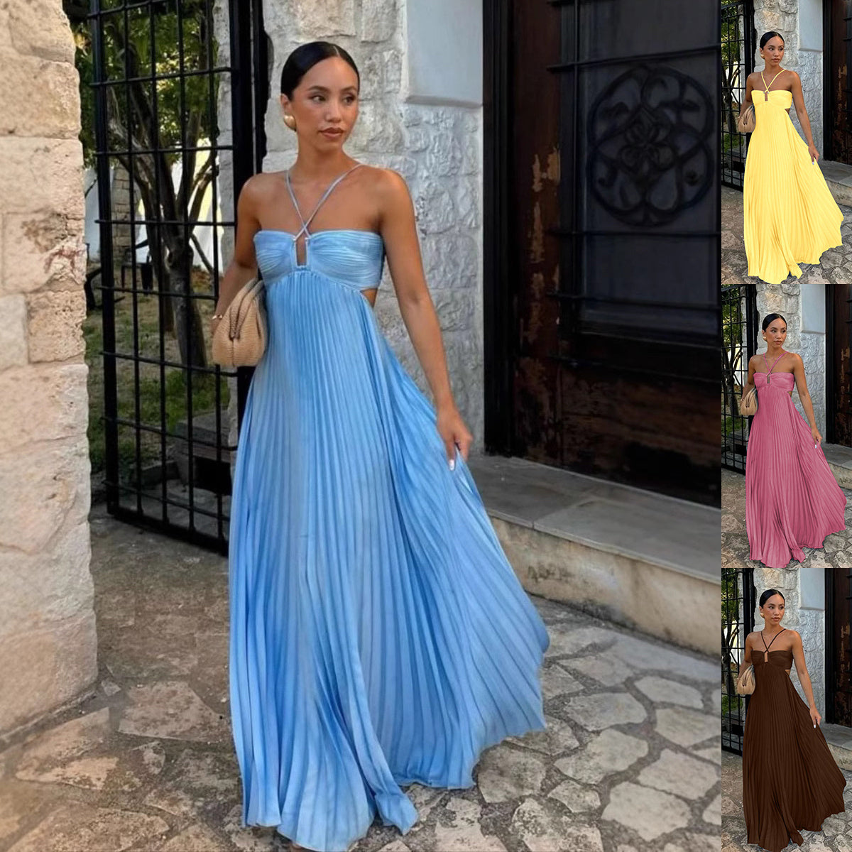 Pleated Halter Sling Dress for Women – High Waist Evening & Party Wear