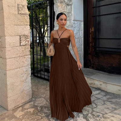 Pleated Halter Sling Dress for Women – High Waist Evening & Party Wear