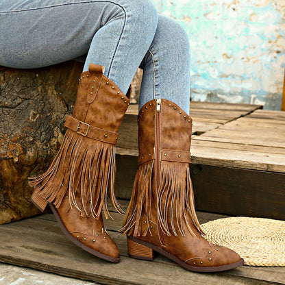 Studded Fringe Block Heel Boots