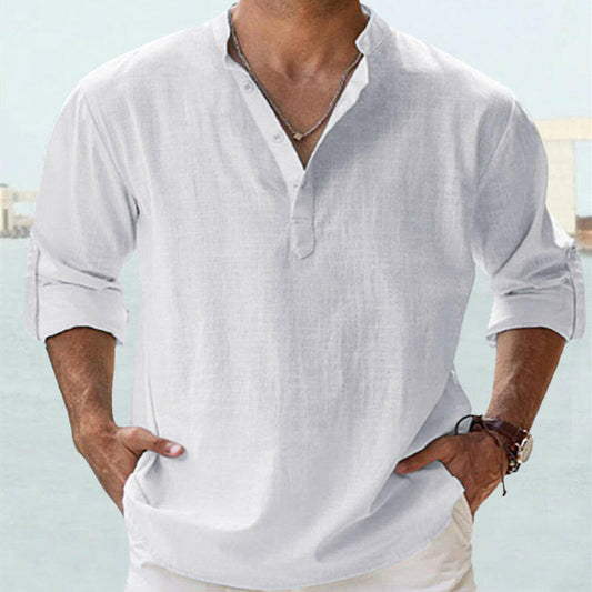 Men's Long Sleeve Cotton Linen T-shirt with Stand-Up Collar