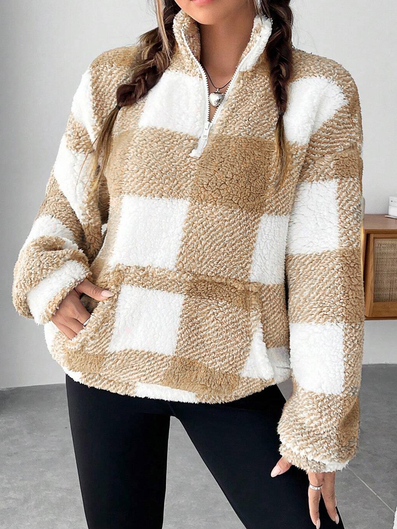 Women's Short Plaid Half-open Collar Plush Sweater