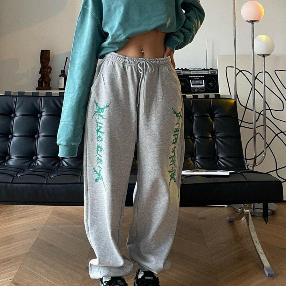 Women's Hip Hop Loose Retro Print Grey Sweatpants