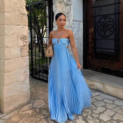 Pleated Halter Sling Dress for Women – High Waist Evening & Party Wear