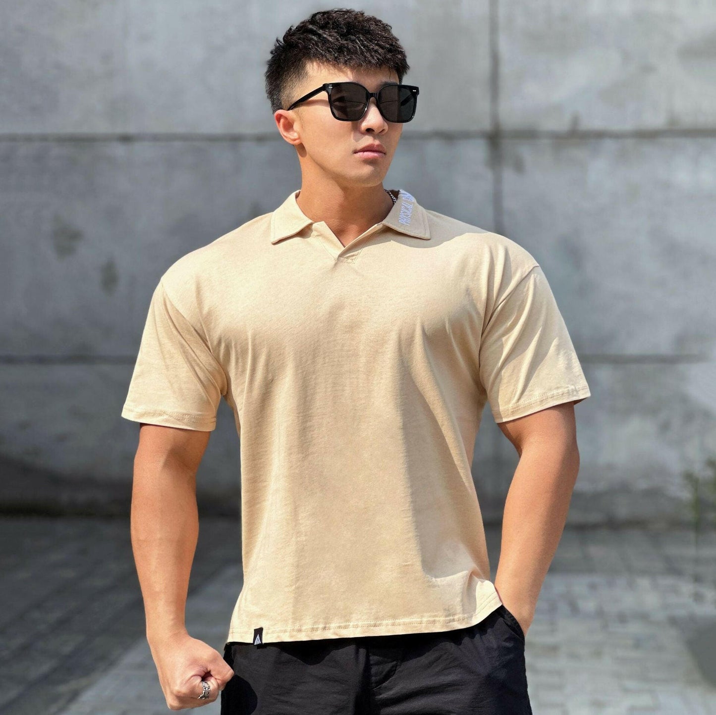 Loose Cotton Lapel Embroidered Thick T-shirt