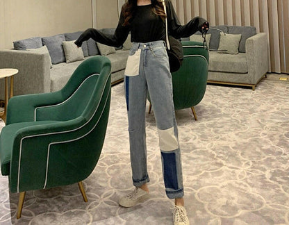 Straight pants stitching loose denim women