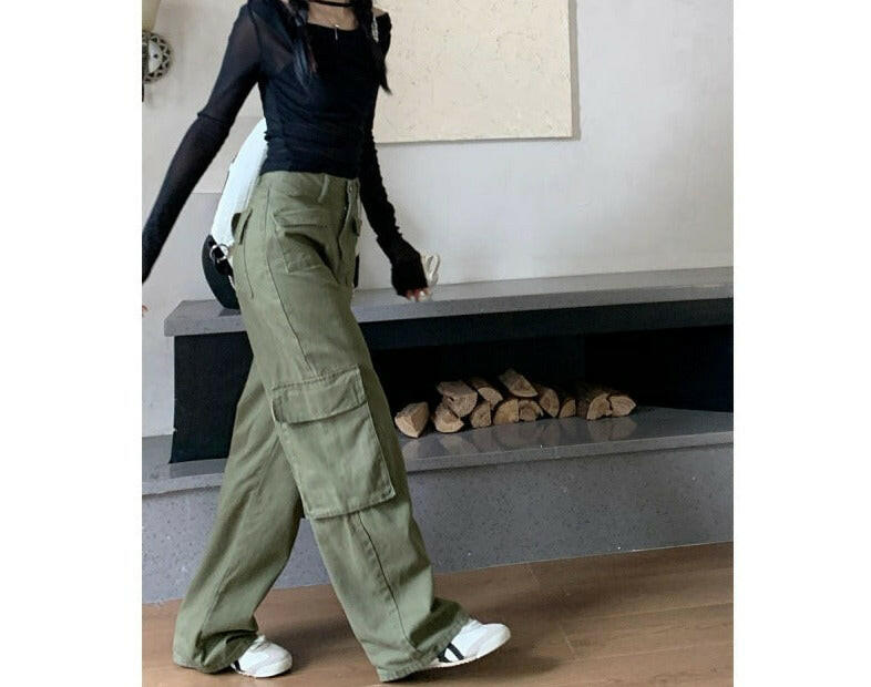 Retro Three-dimensional Pocket Army Green Straight Cargo Pants