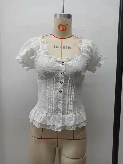 Embroidered Chest Pleated Drawstring Discount Lace-up Stretchy Sleeves Top