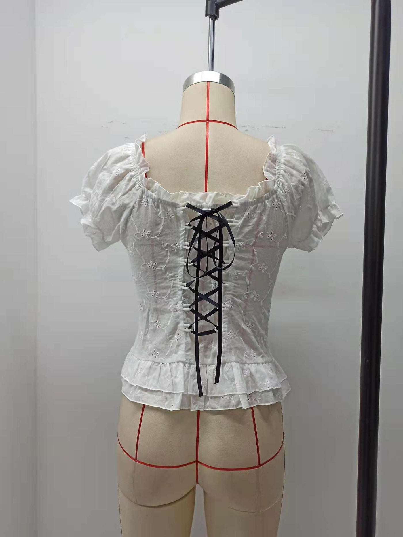 Embroidered Chest Pleated Drawstring Discount Lace-up Stretchy Sleeves Top