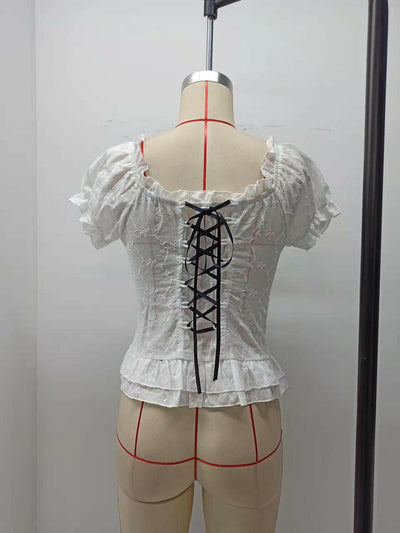 Embroidered Chest Pleated Drawstring Discount Lace-up Stretchy Sleeves Top