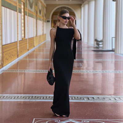 One-shoulder Ribbon Long Dress Ins Fashion Slim Sleeveless Dresses