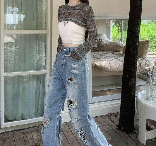 Women's High Street Straight Ripped Jeans