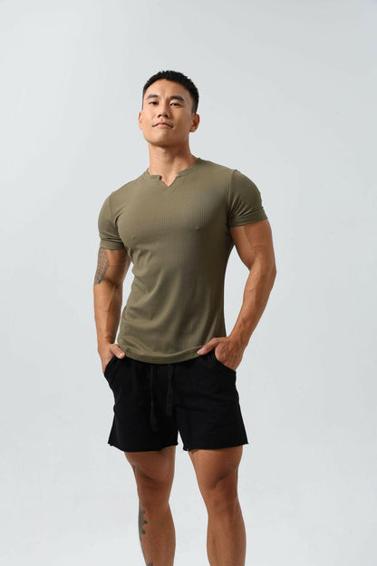 Men's V-collar Short Sleeve Solid Color