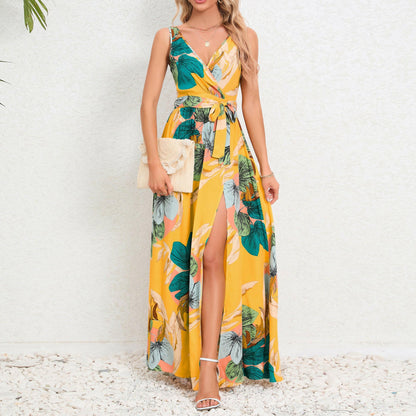 Summer Dress Fashion with Waist Tie and Slit Detail