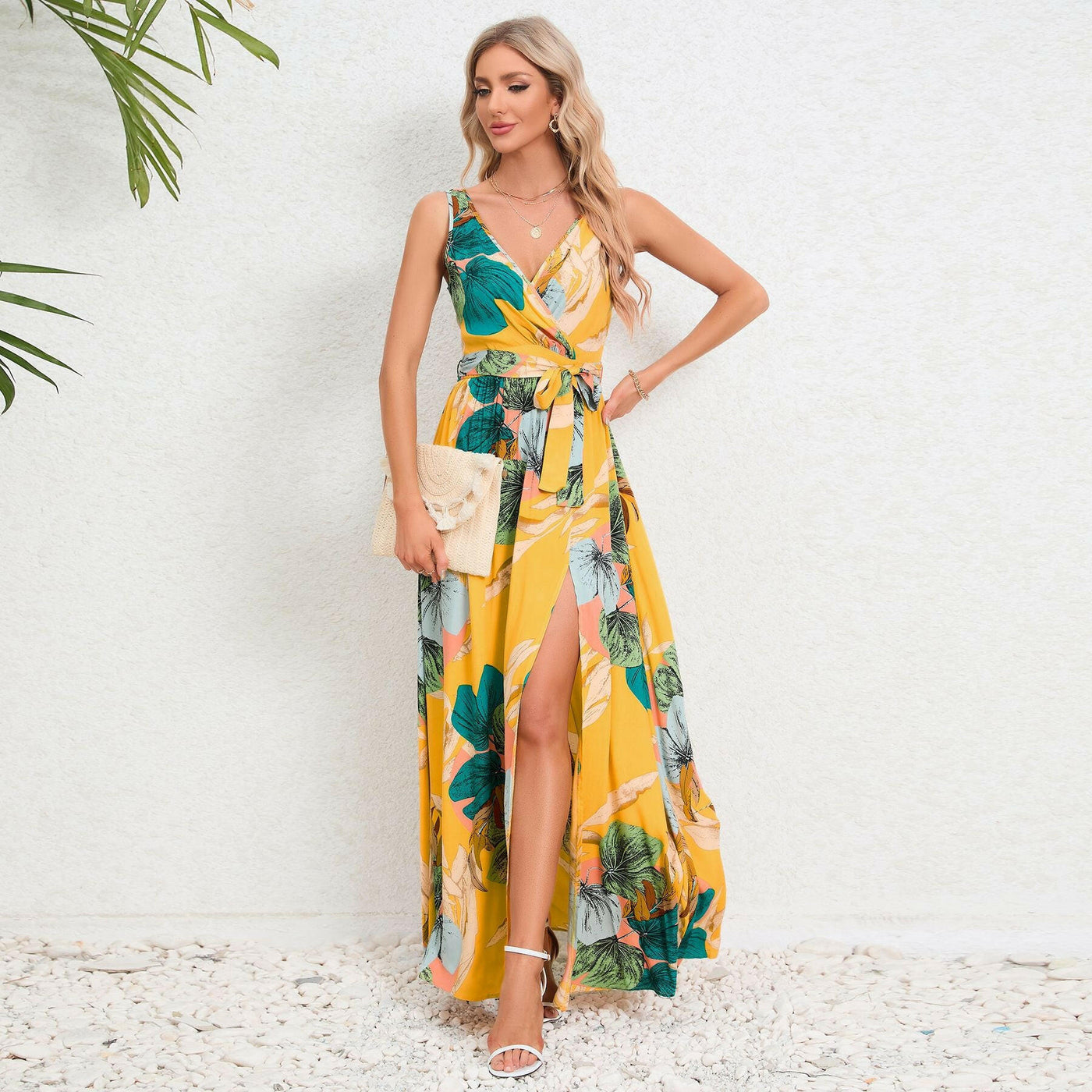 Summer Dress Fashion with Waist Tie and Slit Detail