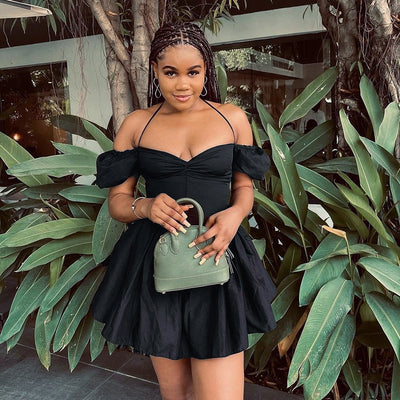 Off-shoulder Halterneck Skirt Puff Sleeve Dress