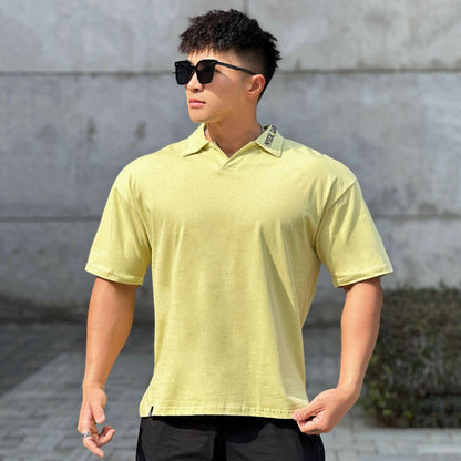 Loose Cotton Lapel Embroidered Thick T-shirt