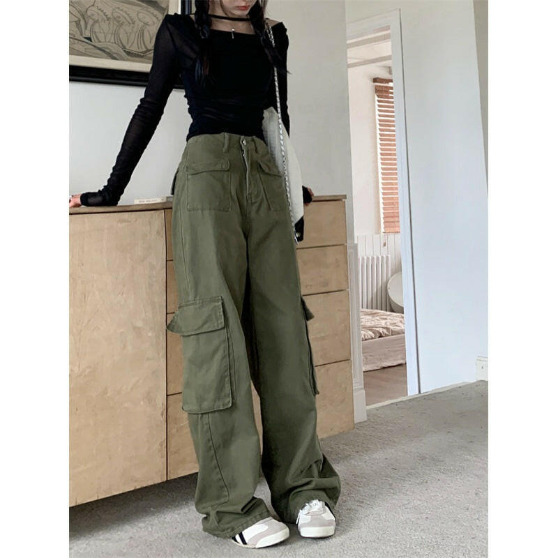 Retro Three-dimensional Pocket Army Green Straight Cargo Pants