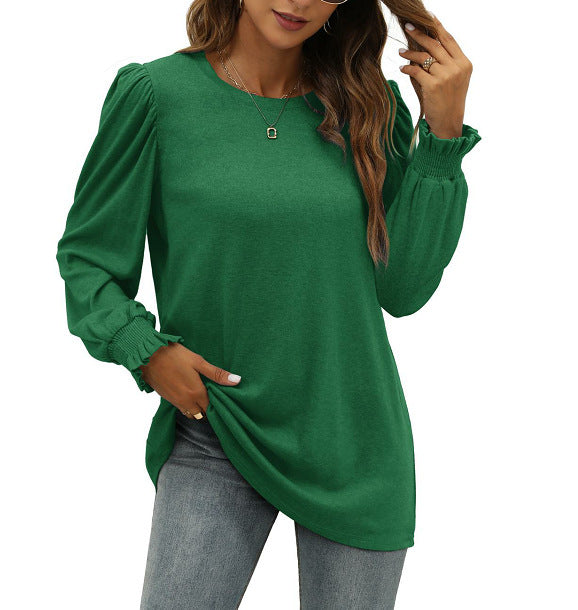 Round Neck Puff Sleeve Long Women's Clothing Top