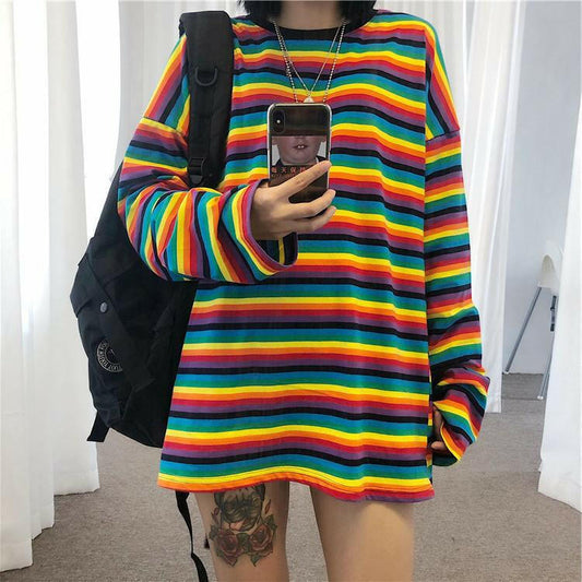 rainbow stripes loose wild long-sleeved T-shirt