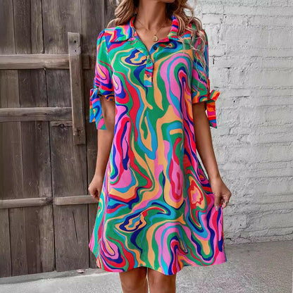 Fluid Print Shirt Dress Half Sleeve Bow Casual