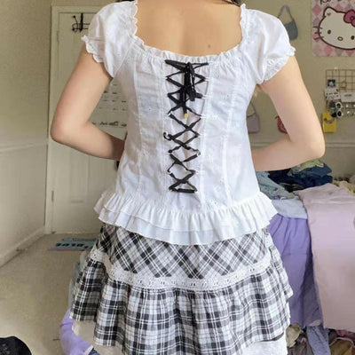 Embroidered Chest Pleated Drawstring Discount Lace-up Stretchy Sleeves Top