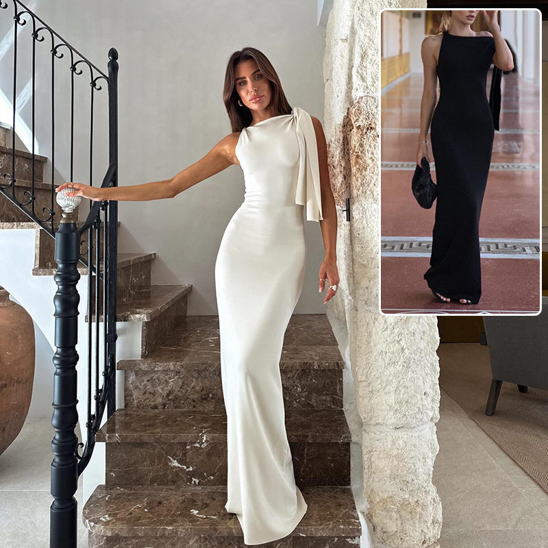 One-shoulder Ribbon Long Dress Ins Fashion Slim Sleeveless Dresses