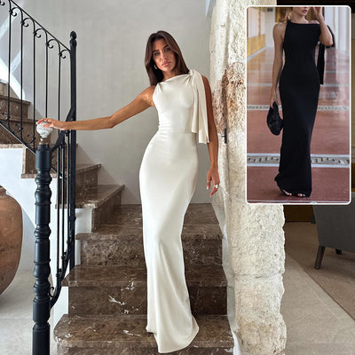 One-shoulder Ribbon Long Dress Ins Fashion Slim Sleeveless Dresses